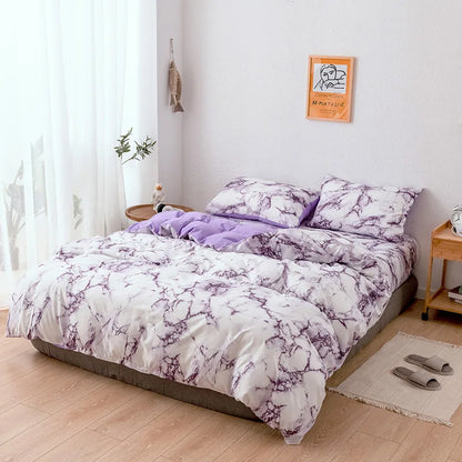 Parure de Lit 220x240 Style Marbré Blanc et Violet