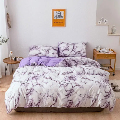 Parure de Lit 220x240 Style Marbré Blanc et Violet