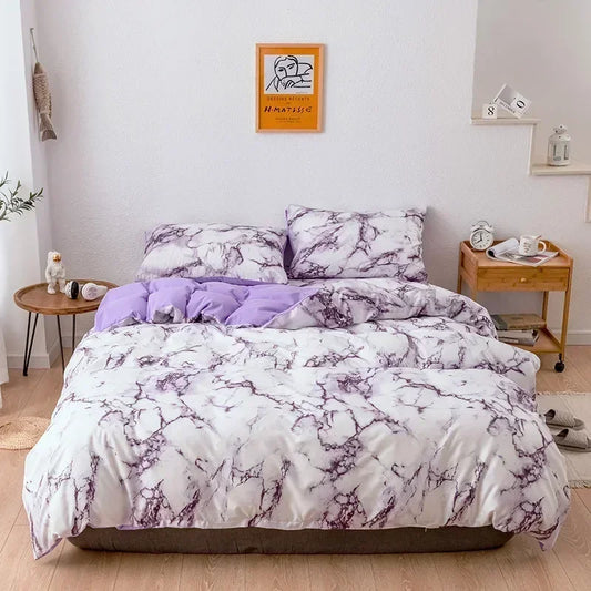 Parure de Lit 220x240 Style Marbré Blanc et Violet