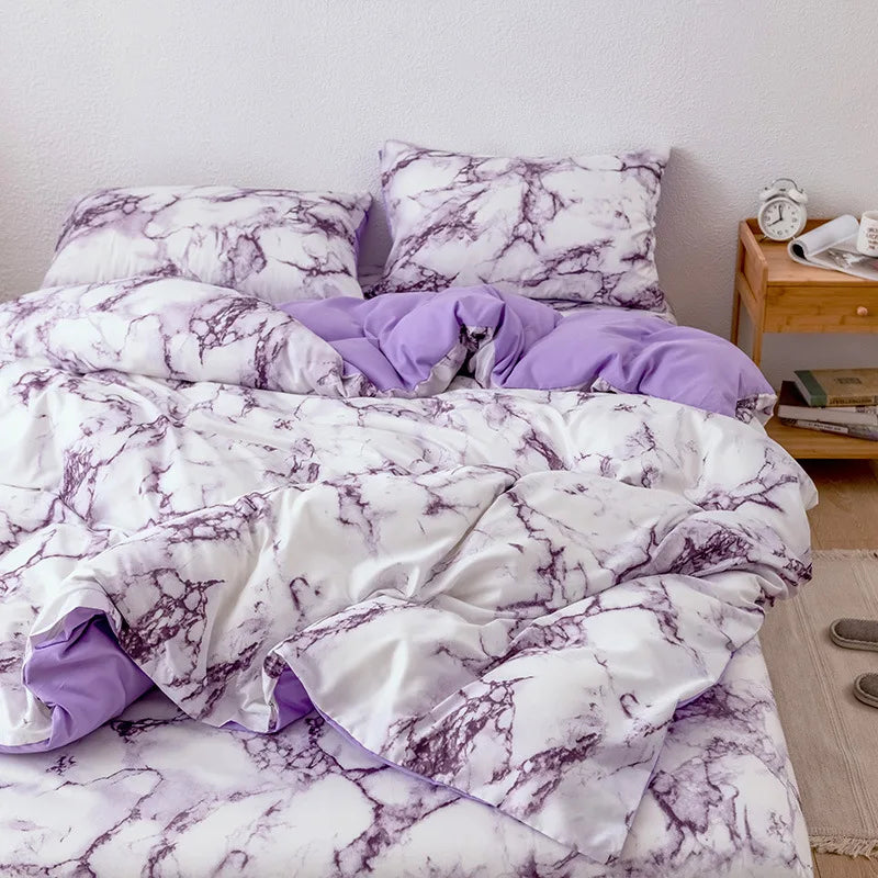 Parure de Lit 220x240 Style Marbré Blanc et Violet