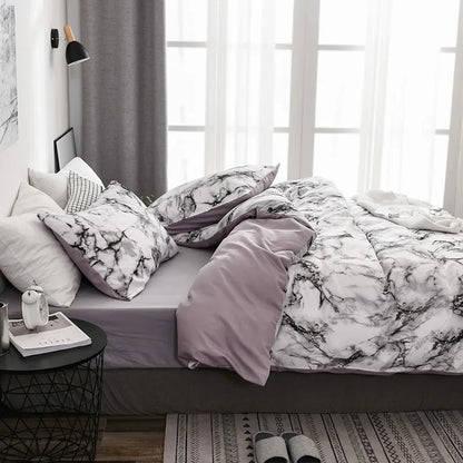 Parure de Lit 220x240 Style Marbré Blanc et Gris
