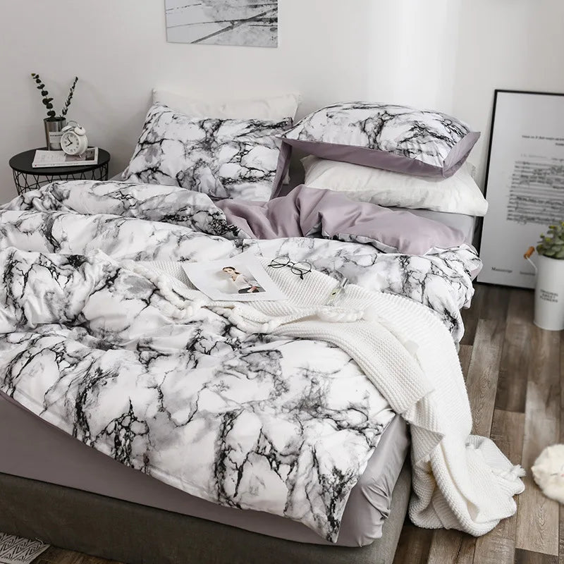 Parure de Lit 220x240 Style Marbré Blanc et Gris