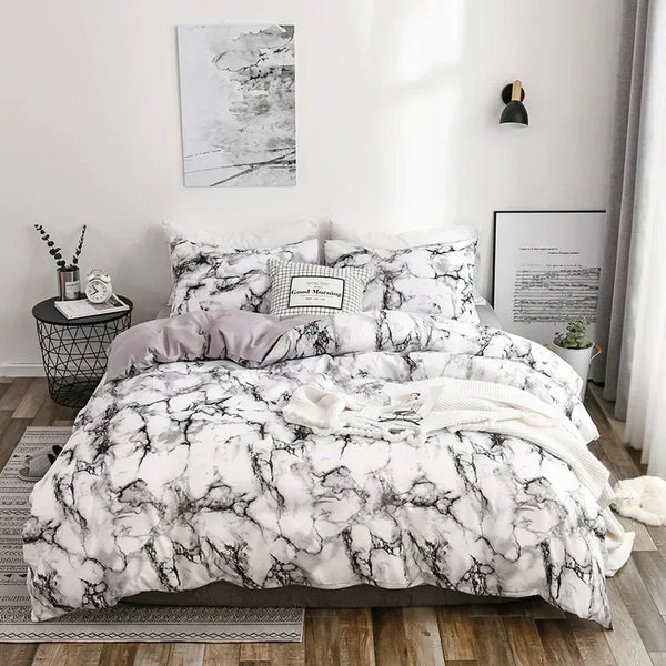 Parure de Lit 220x240 Style Marbré Blanc et Gris